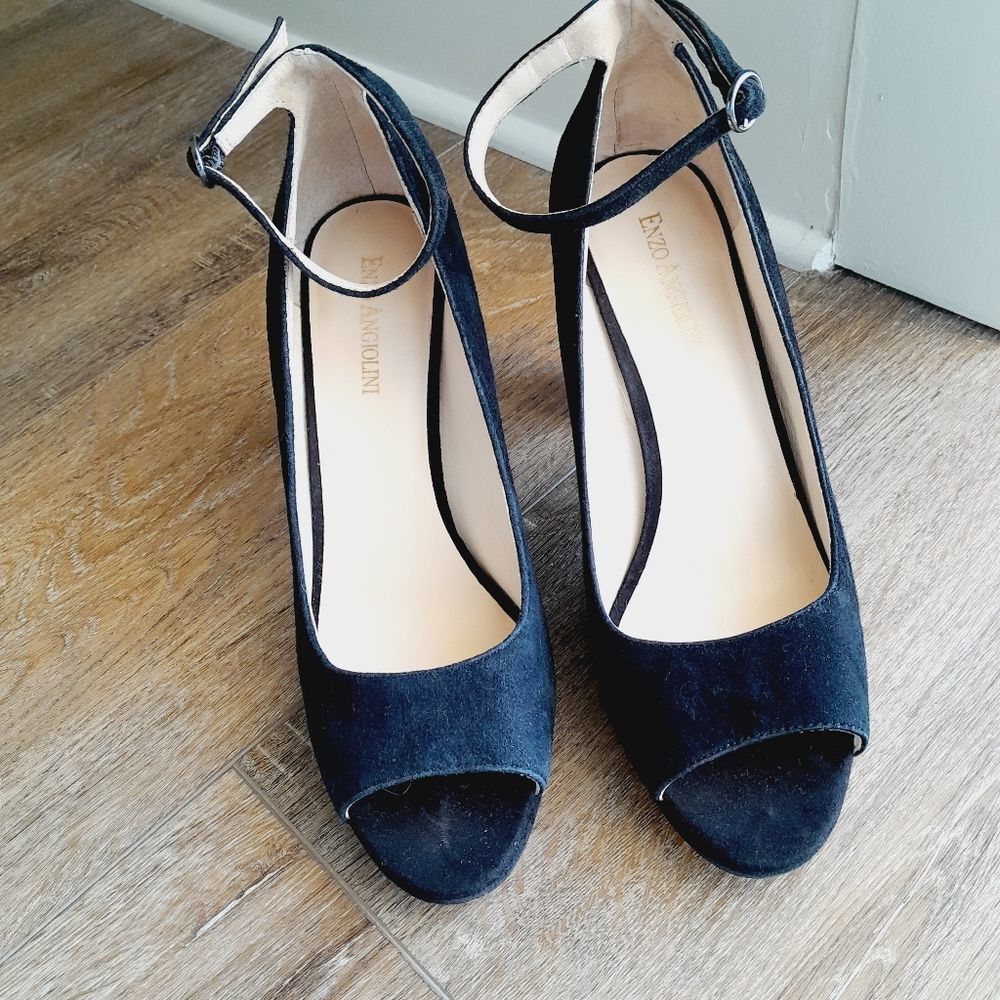 ENZO ANGIOLINI Black Mary Jane Sling Back Peep Toe Suede Heels sz: 8.5 /39